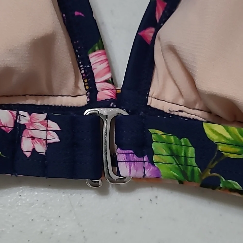 Kona Sol Navy Blue Floral Triangle Bikini Top size XL